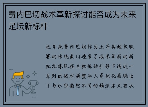 费内巴切战术革新探讨能否成为未来足坛新标杆