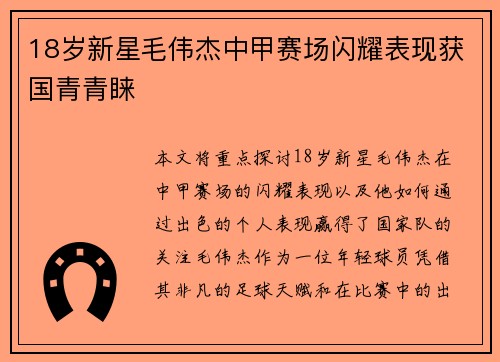 18岁新星毛伟杰中甲赛场闪耀表现获国青青睐