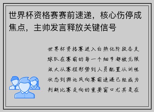 世界杯资格赛赛前速递，核心伤停成焦点，主帅发言释放关键信号