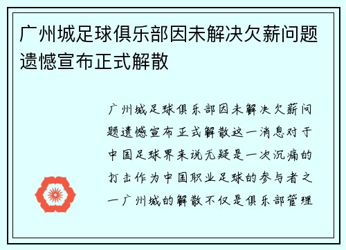 广州城足球俱乐部因未解决欠薪问题遗憾宣布正式解散
