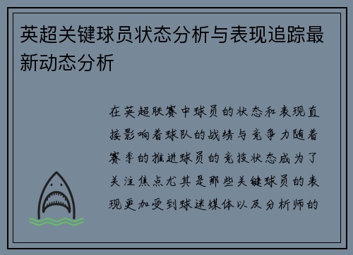 英超关键球员状态分析与表现追踪最新动态分析